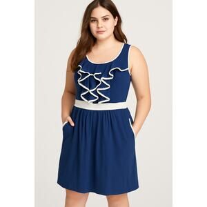 Olsenboye Navy Blue Ruffle Front Dress – White Trim, Pockets, Size Large